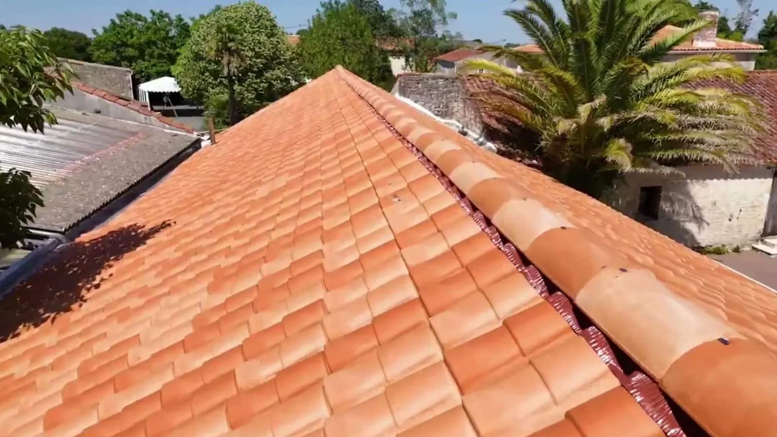 Rangs de tuiles canal neuves au soleil, faîtage scellé, palmier et toits de village à l’arrière-plan